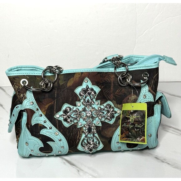 Heritage West Blue Green Camouflage Rhinestone Cross Western Double Strap Purse - Picture 7 of 13